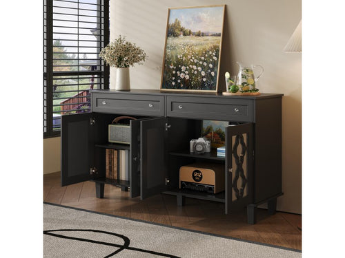 Low sideboard - 2 glass doors with 2 drawers and adjustable shelves - Black