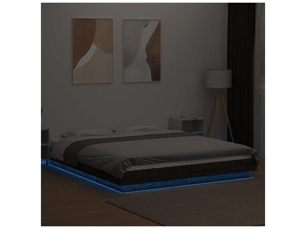 Bed frame with LED lights, brown oak, 150x200