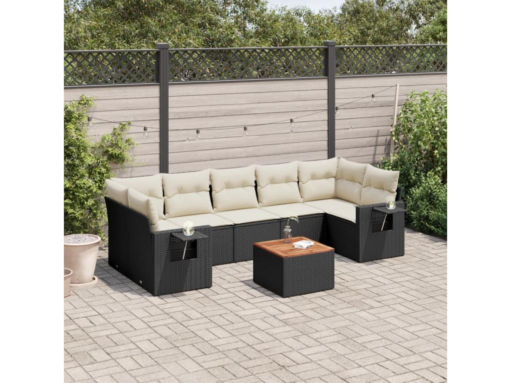 8-piece garden furniture set with cushions, black woven resin