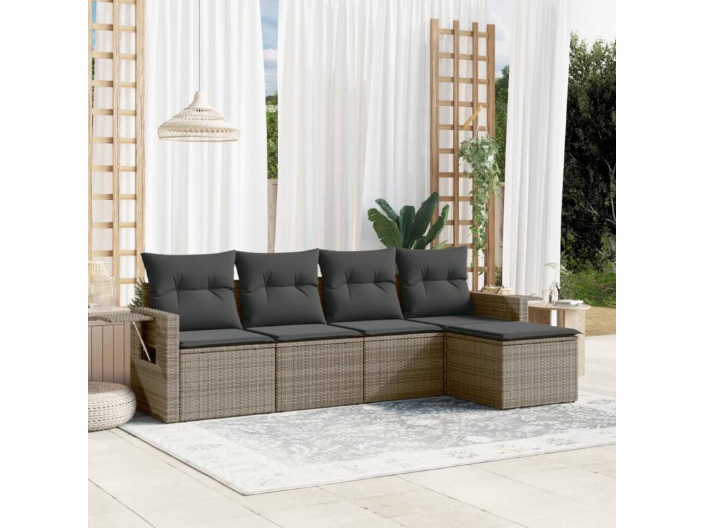 5-piece garden furniture set with grey resin wicker cushions