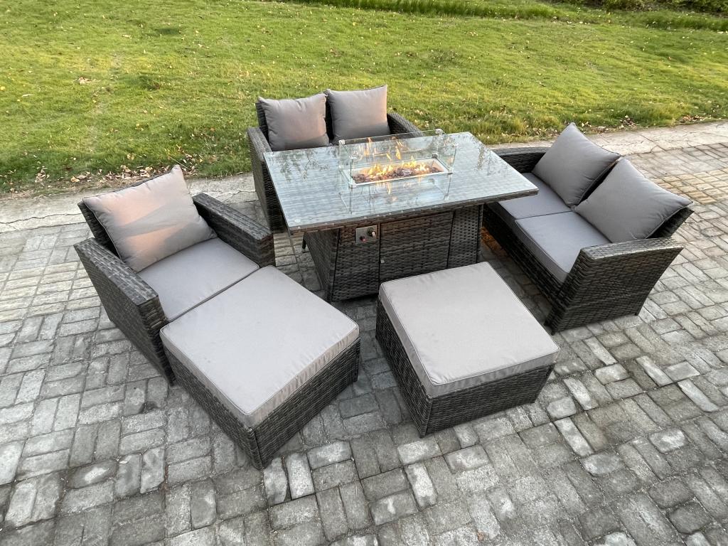 7-Seater Rattan Garden Furniture Set: Sofa, Chair, Gas Fire Pit Table