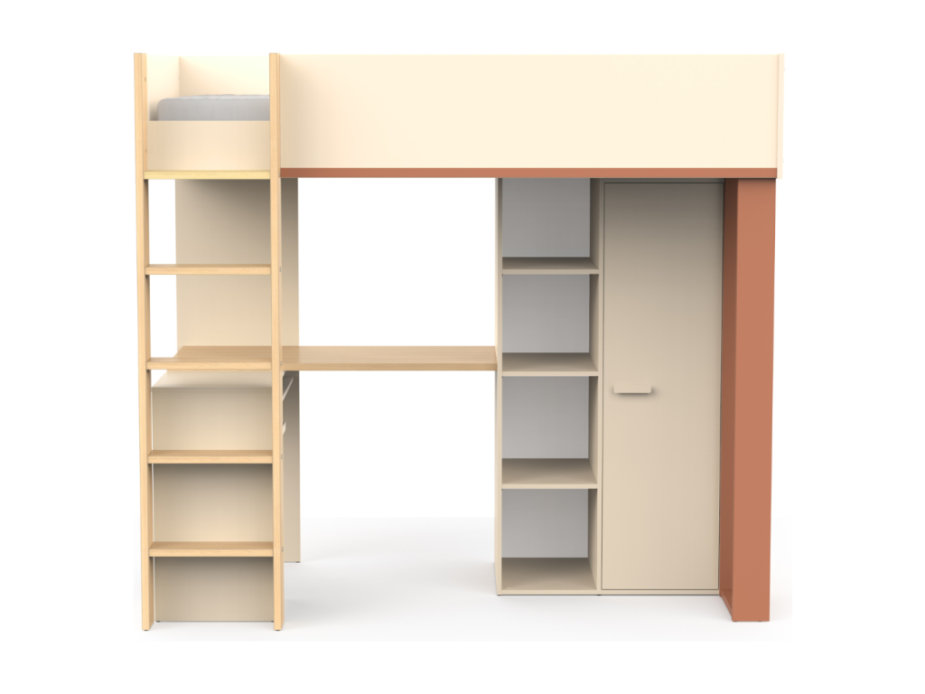 Loft bed with desk and wardrobe, 183 cm high - Vertchez