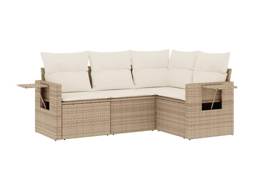 Garden furniture set with cushions, 4 pieces, beige woven resin