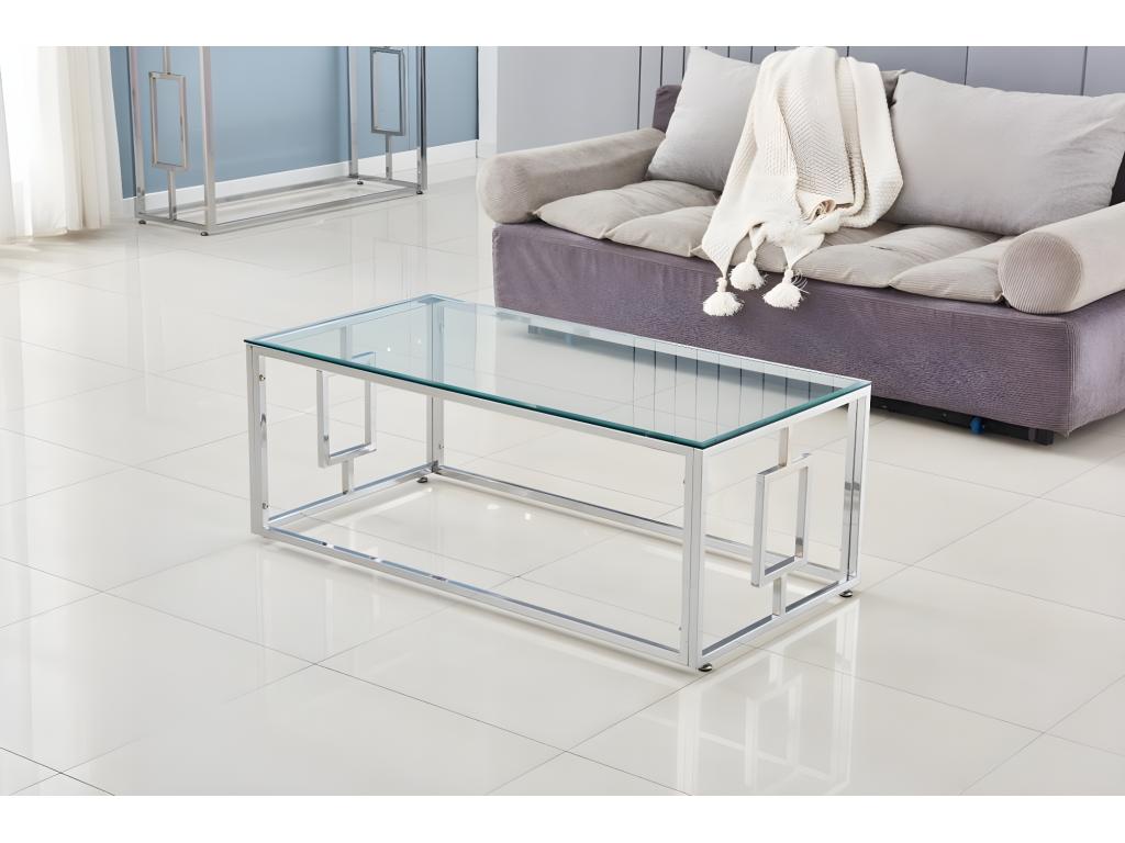 Coffee table with transparent glass top and chrome legs, 120 cm - Vertchez