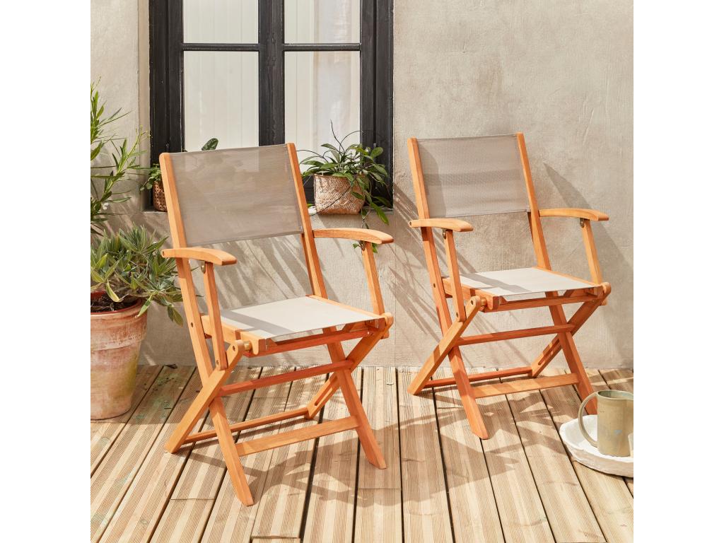Garden armchairs in wood and textilene - Vertchez Grey Vertchez - 2 folding armchairs in oiled eucalyptus wood and textilene