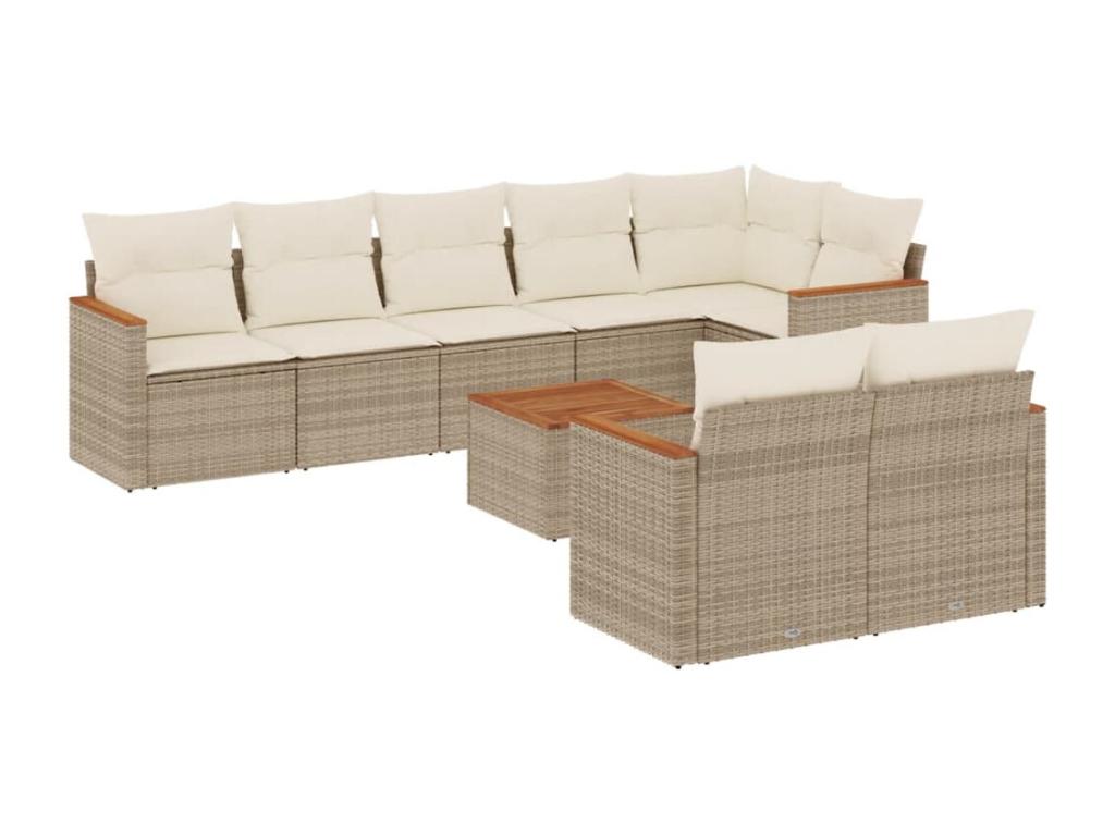 9-piece garden furniture set with cushions, beige woven resin