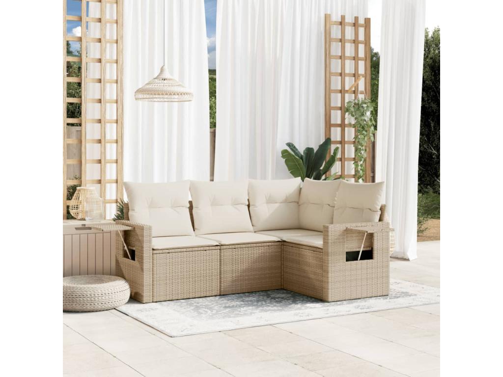 Garden furniture set with cushions, 4 pieces, beige woven resin