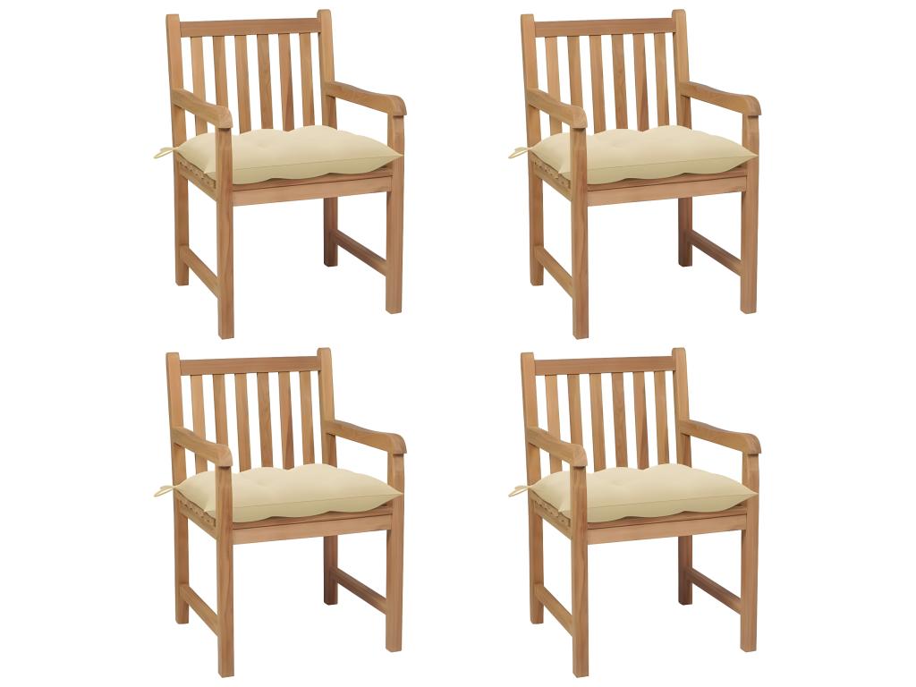 Set of 4 garden chairs and cushions, cream white, solid teak