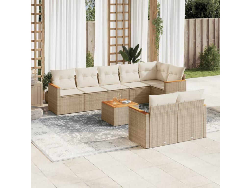 9-piece garden furniture set with cushions, beige woven resin