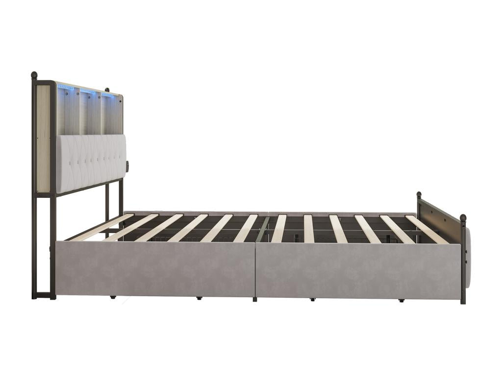 Beige 160x200cm Double Bed with 4 Drawers, LED Lighting, and USB Port
