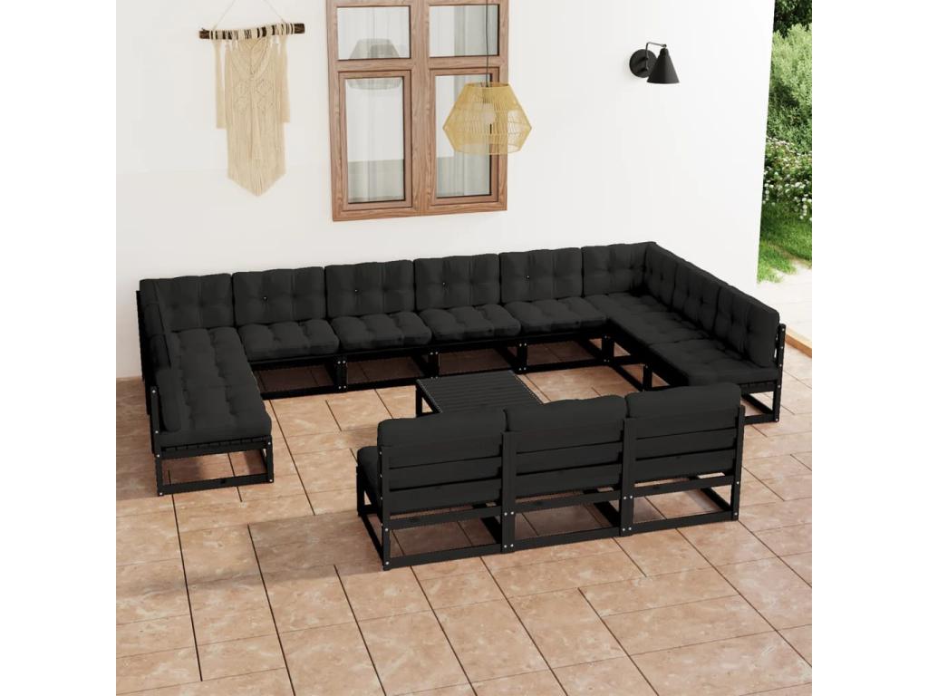 14-piece garden furniture set with cushions, black, solid pine wood