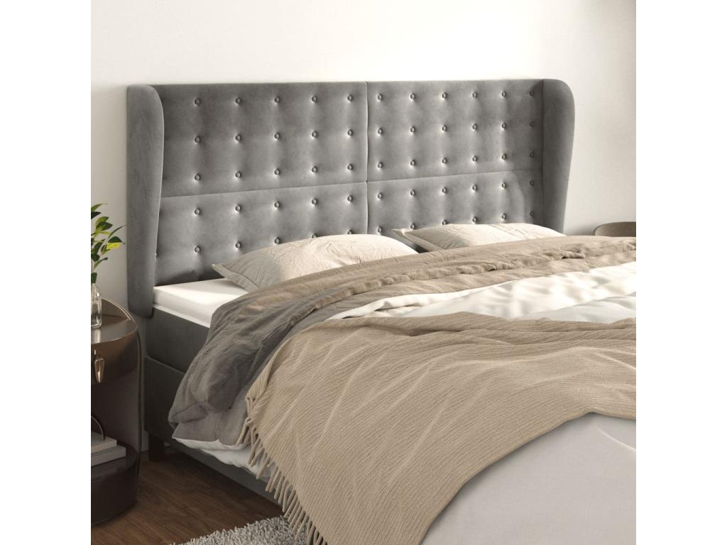 Headboard with wings, light grey, 183x23x118/128 cm, velvet