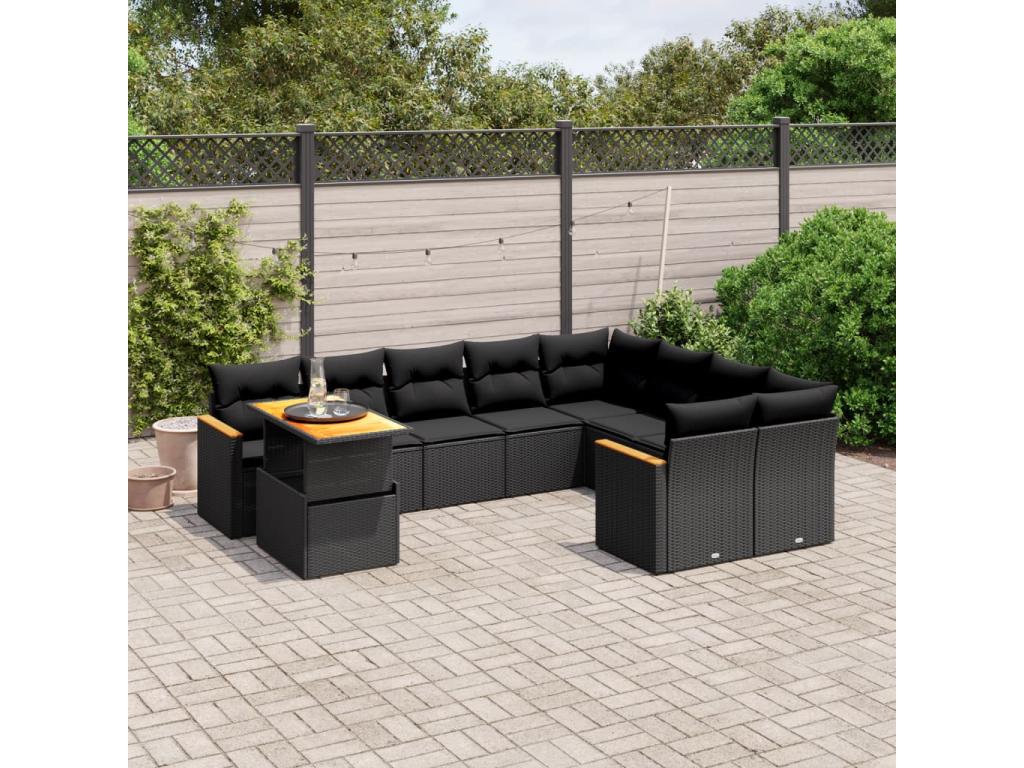 10-piece garden furniture set with cushions, black woven resin