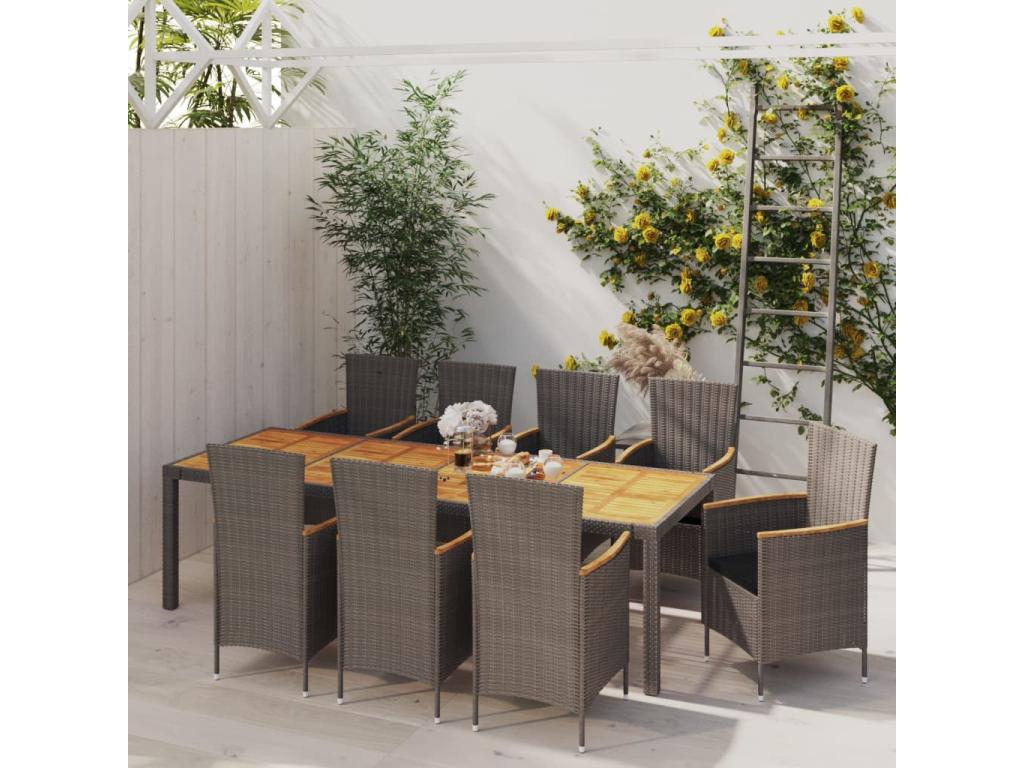 9-piece outdoor dining set with cushions, woven resin, grey