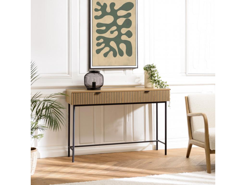 Vertchez - Console table with 2 drawers, black/natural grooved wood effect