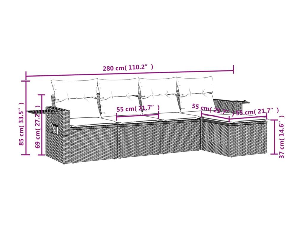 5-piece garden furniture set with grey resin wicker cushions
