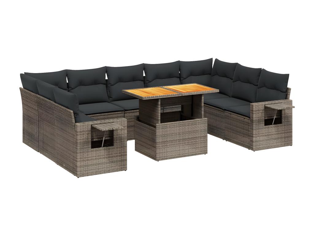 10-piece garden furniture set with cushions, grey woven resin