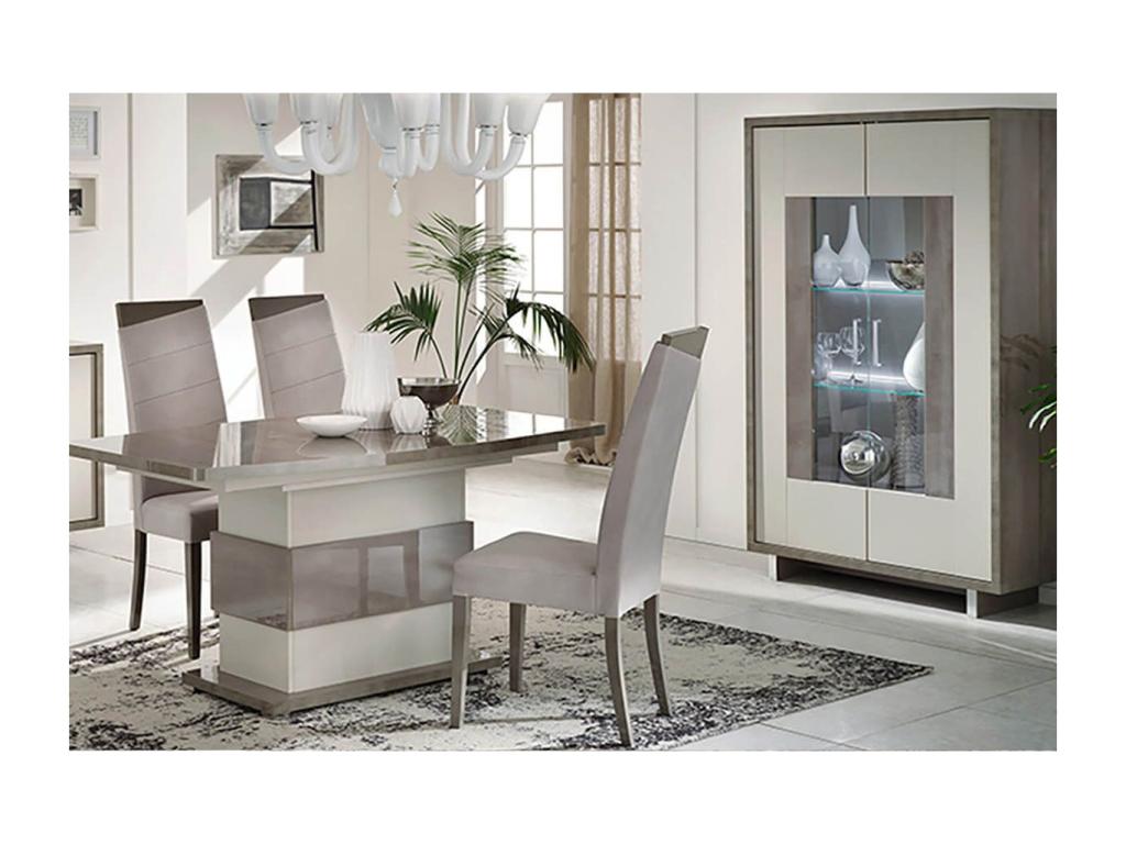 Vertchez - Living Room Set with Extendable Table, 2-Door Display Cabinet with LED Lighting, Metallic and Matte Grey