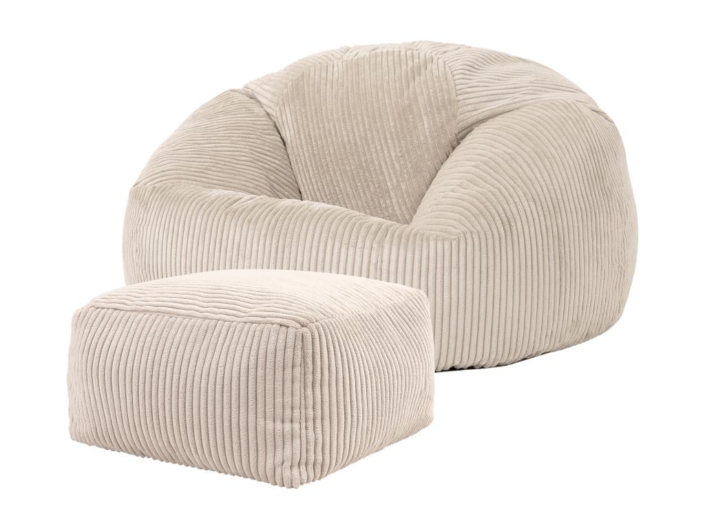 Classic pouf and matching footstool in beige pebble ribbed velvet - Vertchez