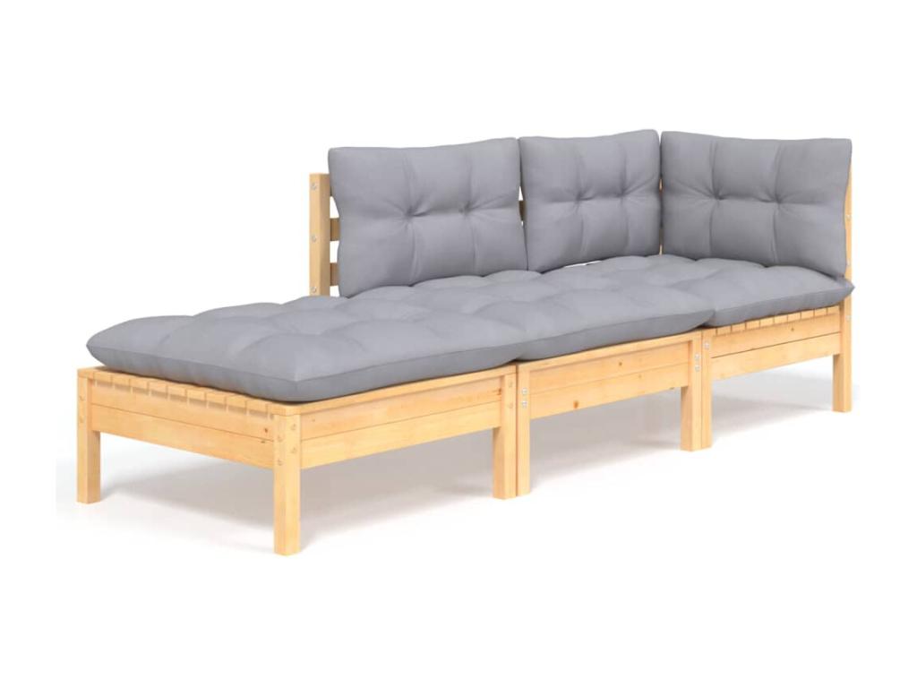 3-piece garden furniture set with grey cushions. Solid pine wood.