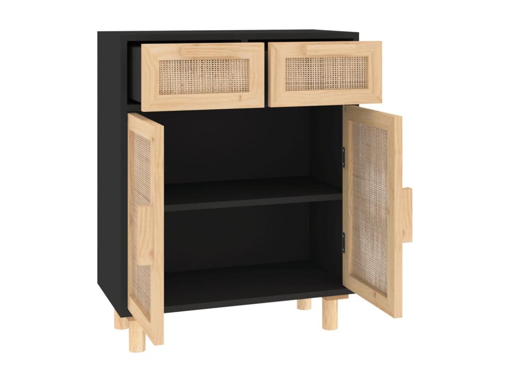 Black sideboard 60x30x75 cm Solid pine wood and natural rattan