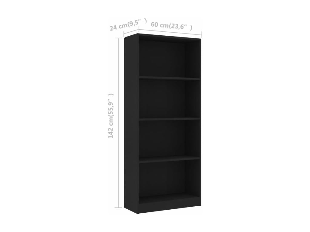 4-Tier Bookshelf, Black, 60x24x142 cm, Engineered Wood