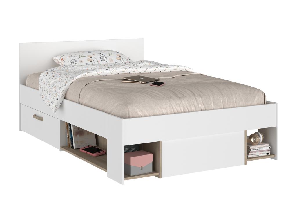 120x190/200 cm bed with storage - White and natural - Vertchez