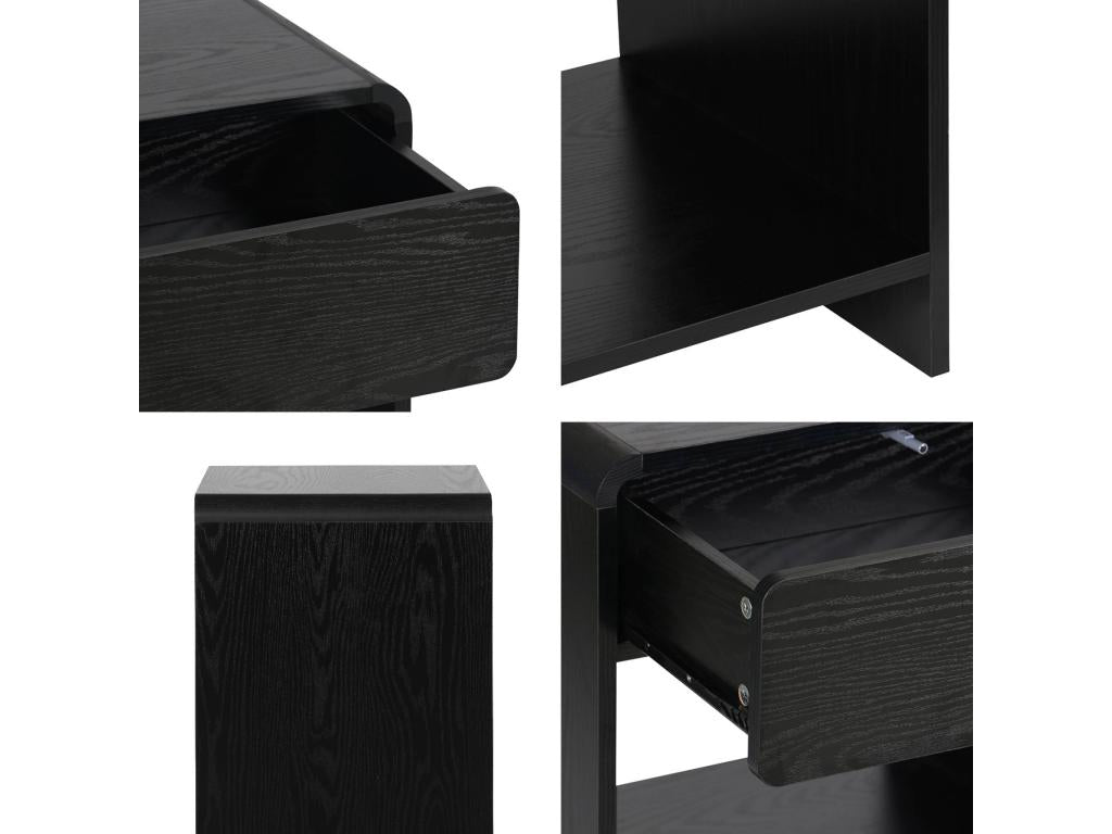 Contemporary black bedside table with a rounded design - with 1 drawer and 1 practical shelf