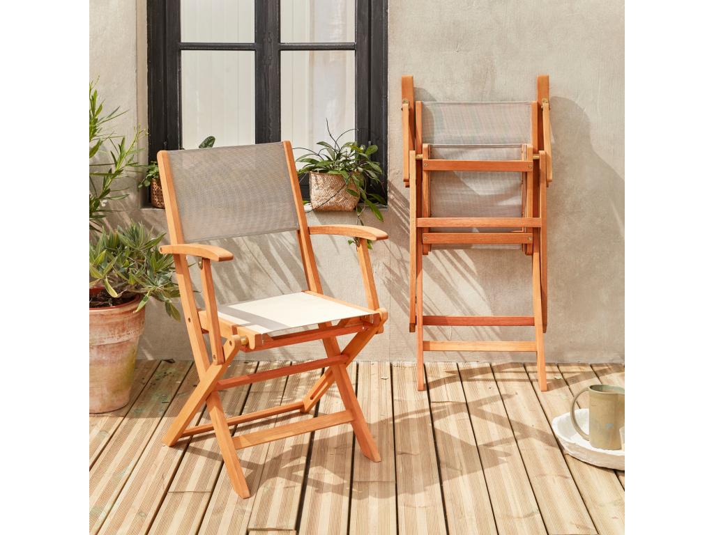 Garden armchairs in wood and textilene - Vertchez Grey Vertchez - 2 folding armchairs in oiled eucalyptus wood and textilene