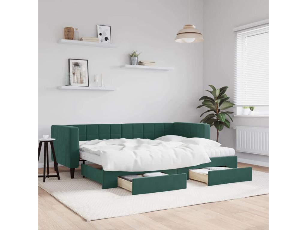 Daybed with trundle and drawers, dark green, 80x200cm, velvet