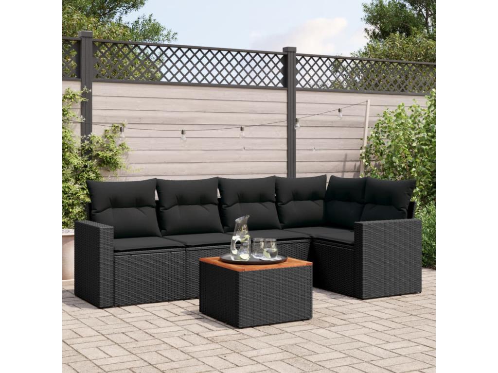 6-piece garden furniture set with cushions, black woven resin