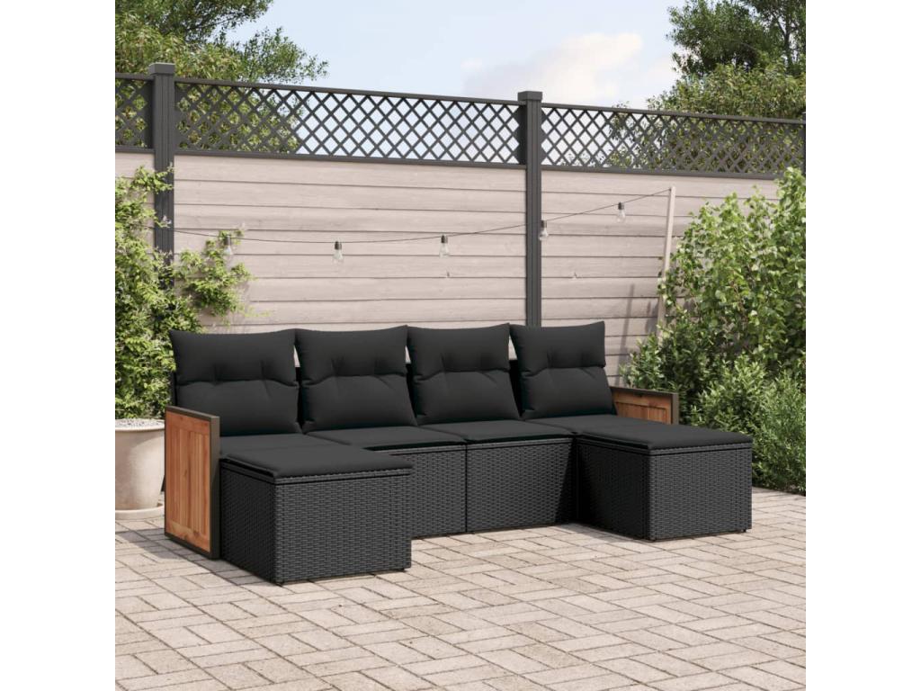 6-piece garden furniture set with cushions, black woven resin