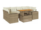 7-piece garden furniture set with cushions, beige woven resin