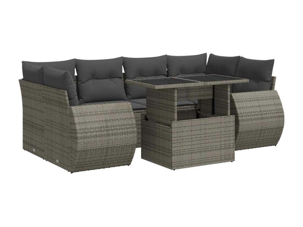 7-piece garden furniture set with cushions, grey woven resin