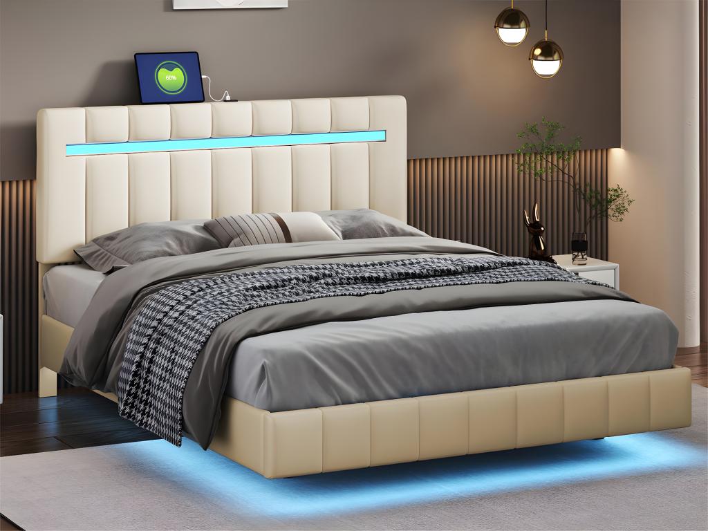 Upholstered linen bed - 140x200cm - with LED lighting and USB charging ports - Beige