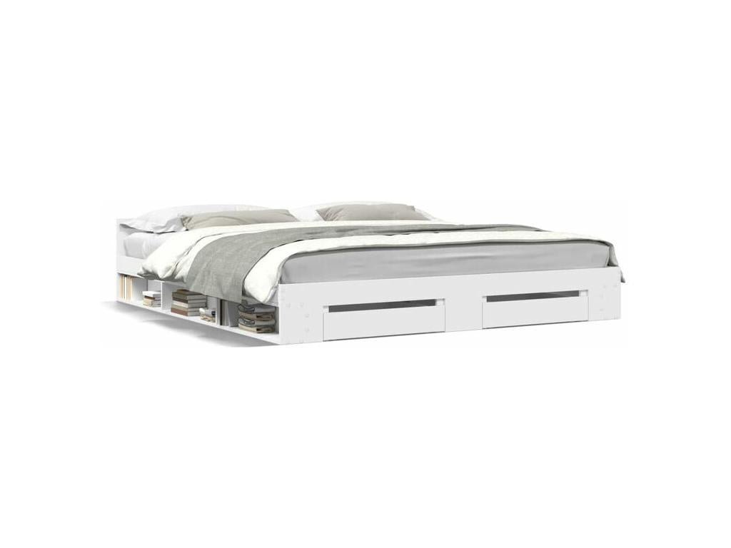 Bed frame with drawers, white, 200x200 cm, engineered wood