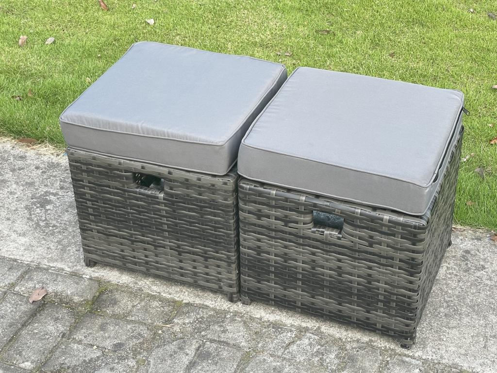 10-seater rattan garden dining set with sofa, chairs, gas fireplace table, and stools. Dark grey.