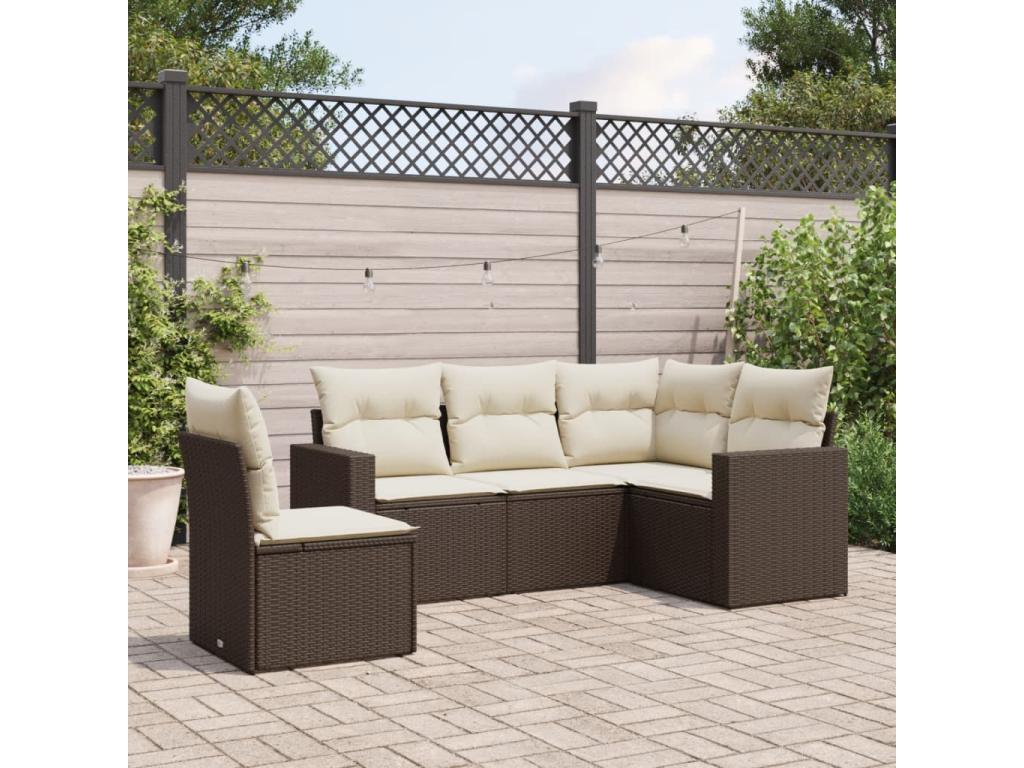Garden furniture set with cushions, 5 pieces, brown woven resin