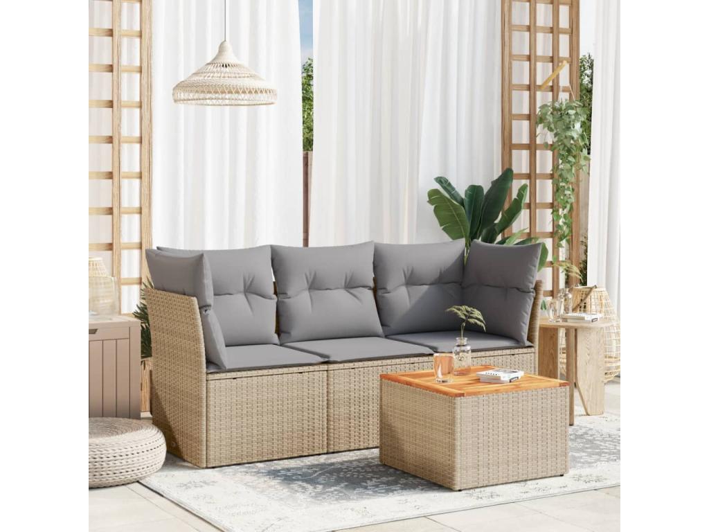 Garden furniture set with cushions, 4 pieces, beige woven resin