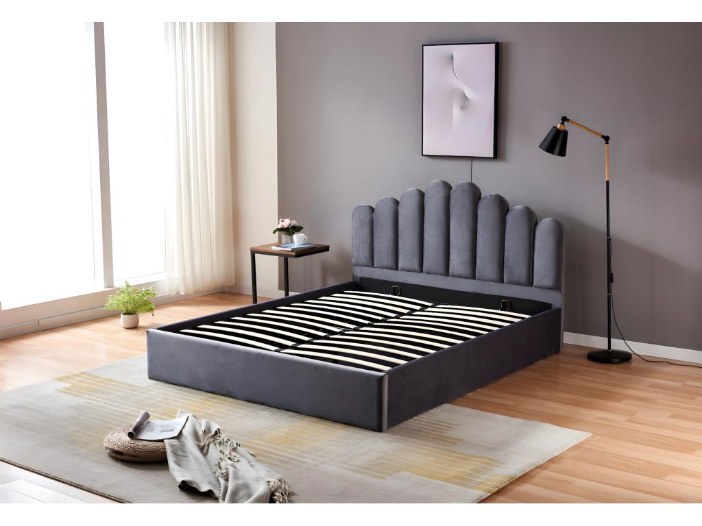 2-seater storage bed 140x190 cm Vertchez grey velvet