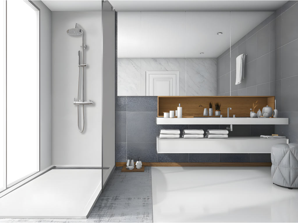 70x165 cm shower tray with side grate, Vertchez Extra Slim white, made of synthetic resin and marble powder, with free drain